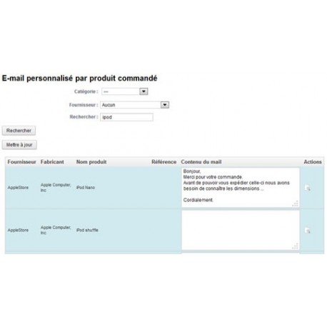 E-mails personnalisés par produit commandés